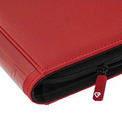 Close-up of the zipper on the 9-Pocket Toploader Card Binder Red, showcasing its durable and splash-resistant design.