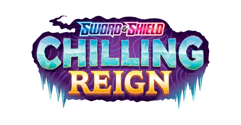 "Logo de la expansión Pokémon Sword & Shield Chilling Reign, con texto temático de hielo y colores vibrantes."