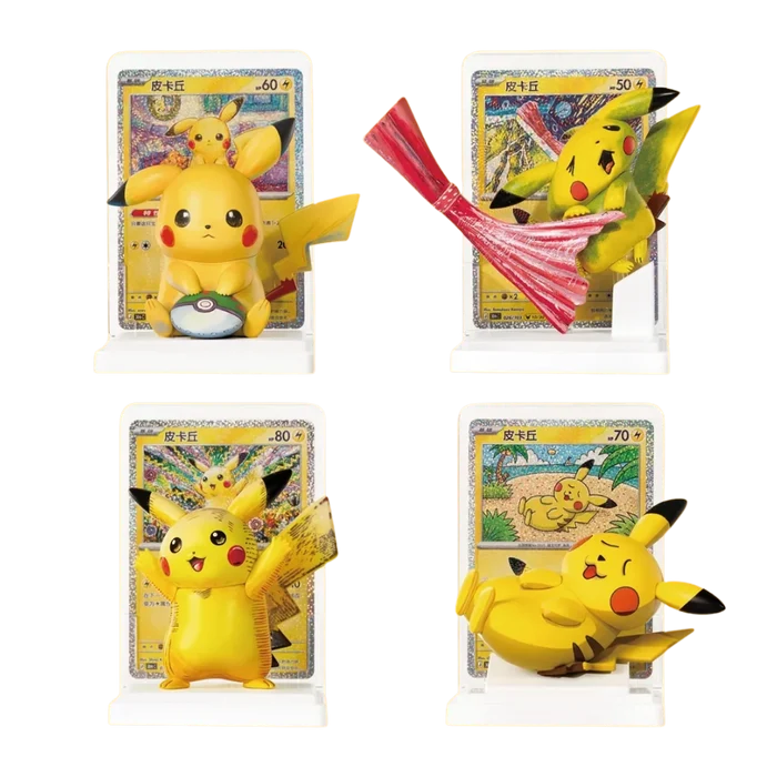 Collection of Pikachu figurines with trading cards, showcasing various poses and expressions in vibrant colors.