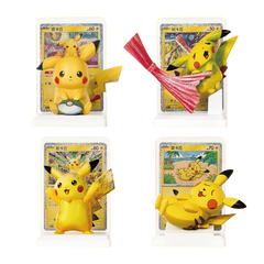 Collection of Pikachu figurines with trading cards, showcasing various poses and expressions in vibrant colors.