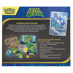 Delta Reign Elite Trainer Box (Live-stream) featuring Mega Rayquaza and TCG essentials for collectors.