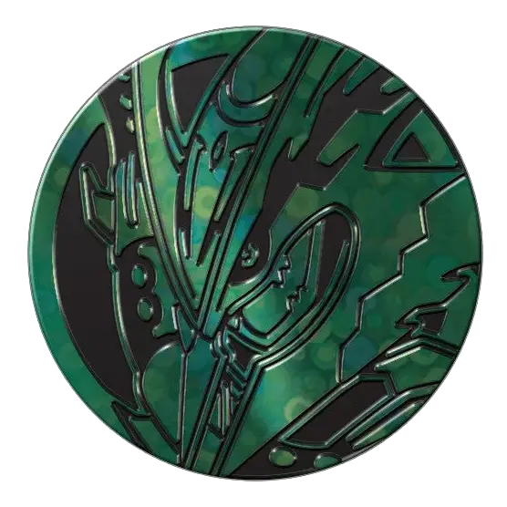 Delta Reign Elite Trainer Box (Live-stream) Mega Rayquaza art coin featuring vibrant green design.