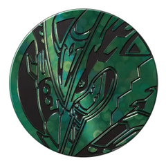 Delta Reign Elite Trainer Box (Live-stream) Mega Rayquaza art coin featuring vibrant green design.