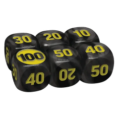 Close-up of gaming dice featuring numbers 10, 20, 30, 40, 50, and 100 in yellow on black surface.