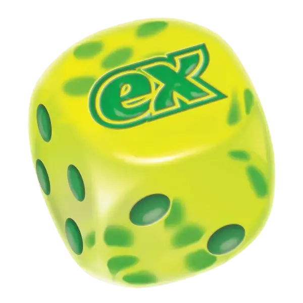 Yellow green spotted dice featuring the letters 'ex' on one side, commonly used in gaming and Pokémon TCG.