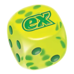 Yellow green spotted dice featuring the letters 'ex' on one side, commonly used in gaming and Pokémon TCG.