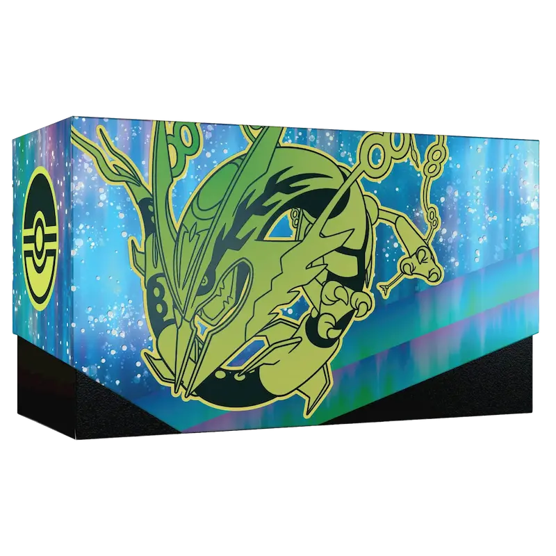 Delta Reign Elite Trainer Box (Live-stream) featuring Mega Rayquaza design on a vibrant background.