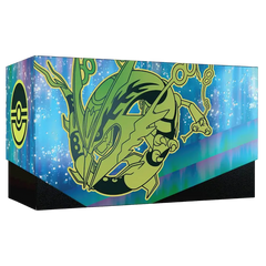 Delta Reign Elite Trainer Box (Live-stream) featuring Mega Rayquaza design on a vibrant background.