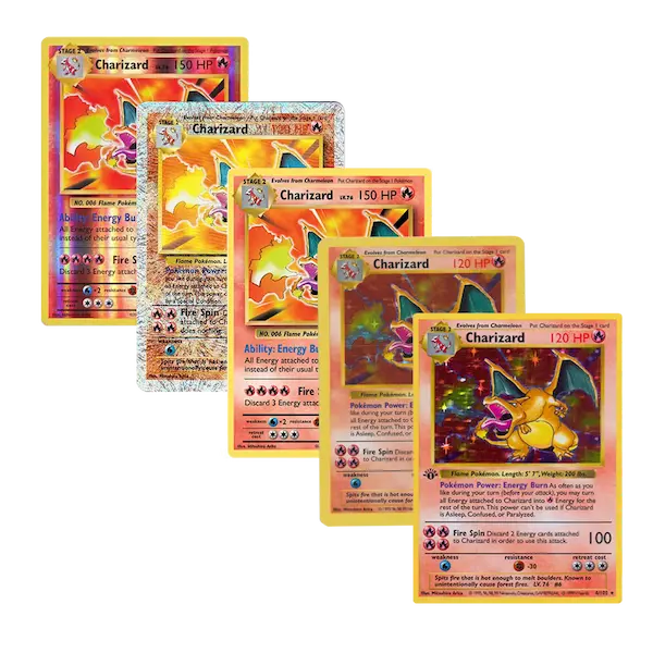 5 different charizard card variations