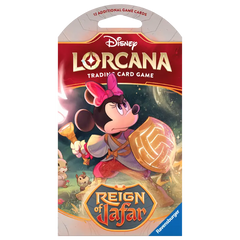 Disney Lorcana Reign of Jafar trading card game pack featuring Minnie Mouse with a shield.