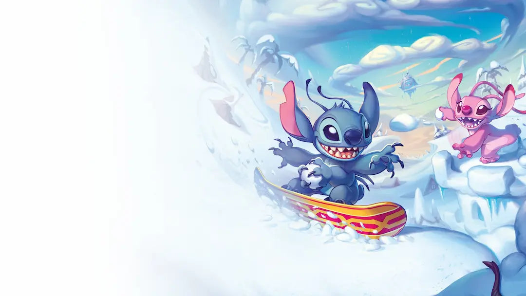 Stitch and Angel from Disney's Lilo & Stitch joyfully snowboarding in a winter landscape.