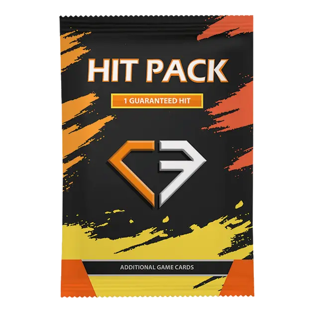 Hit Pack image showcasing a collectible card pack with bold colors and guaranteed hit feature.
