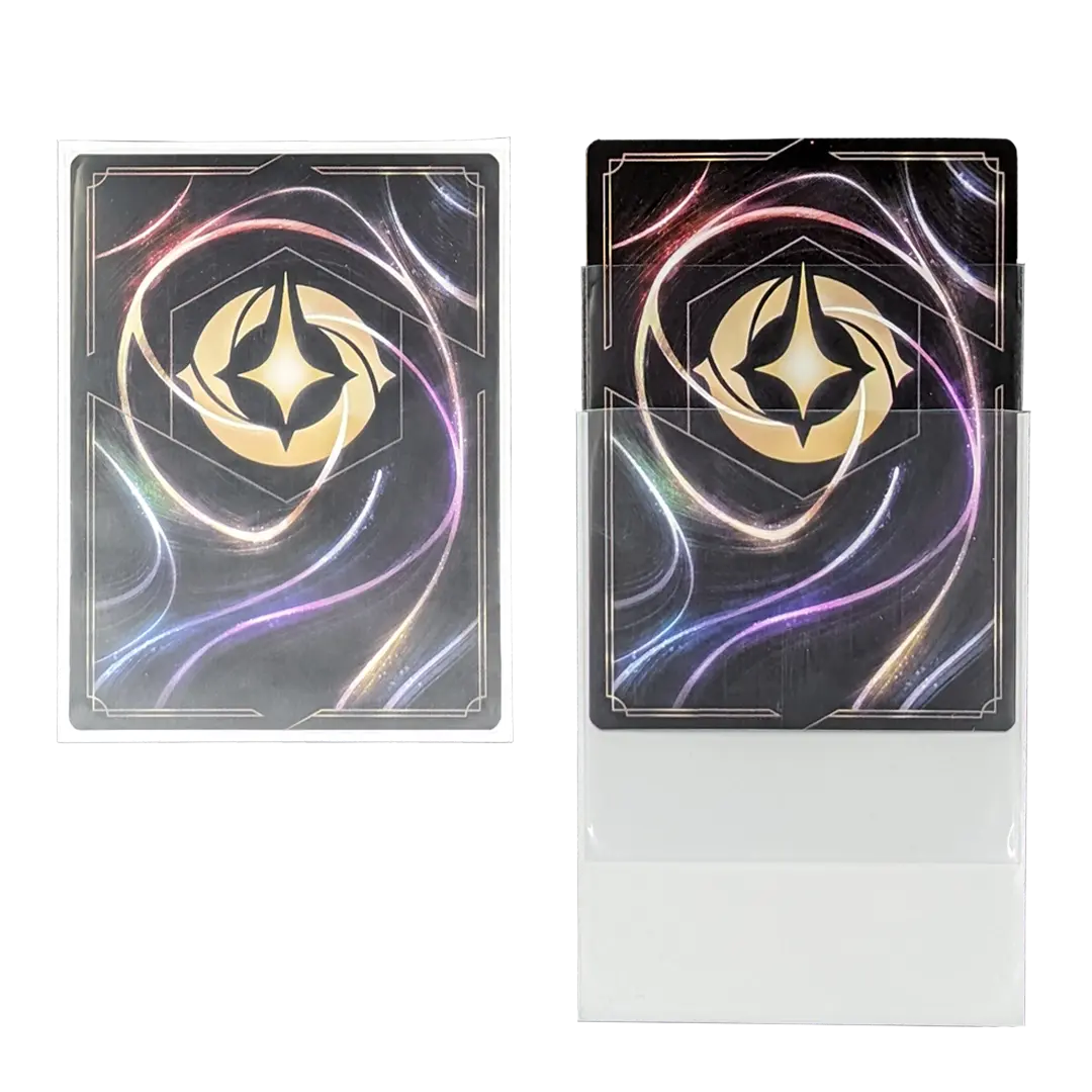 Lorcana card in white deck protector sleeves