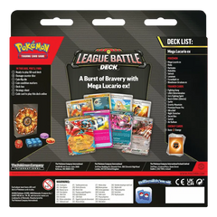 League Battle Deck Mega Lucario ex product packaging with deck list and featured cards.