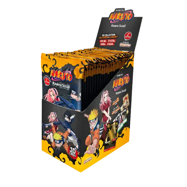Naruto TCG Booster Box Limited Edition First Print with 24 booster packs featuring Konoha Shidō characters.