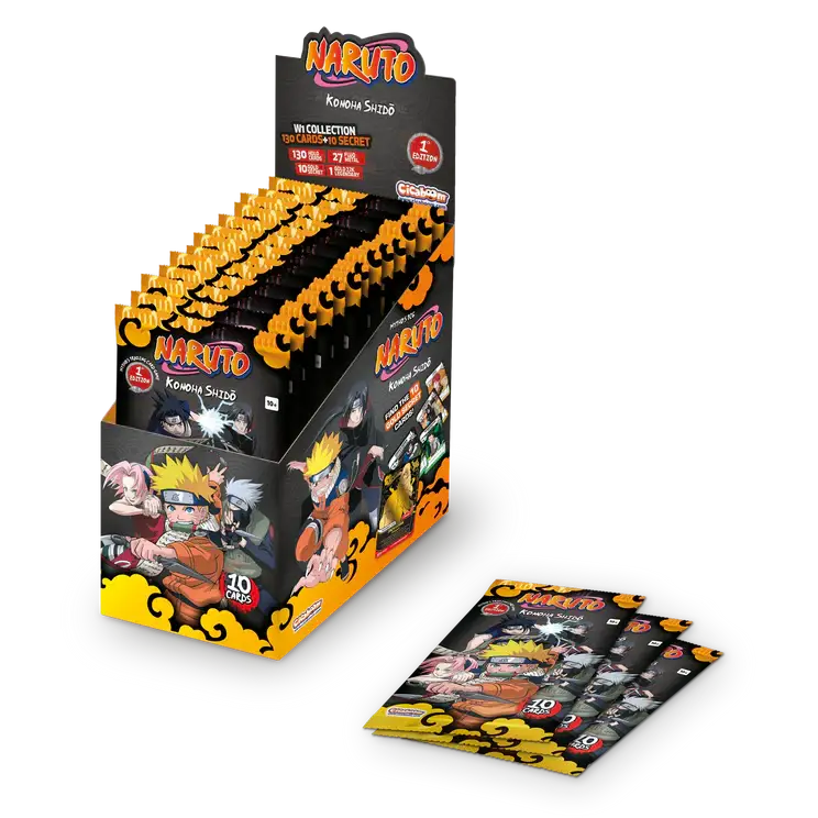 Naruto TCG Booster Box Limited Edition First Print featuring 24 booster packs of Naruto characters and Konoha Shidō expansion.