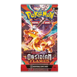 Pokémon Obsidian Flames Booster Pack featuring Charizard, part of the SV03 series with 10 additional game cards.