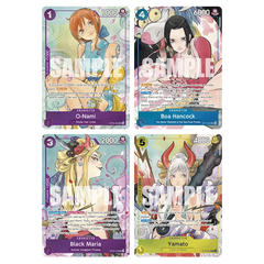 Dash Pack 2025 featuring characters O-Nami, Boa Hancock, Black Maria, and Yamato from One Piece Card Game.