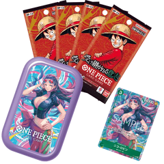 One Piece Vol 3 Tin Pack Set featuring Nami, Nico Robin, and Jewelry Bonney with booster packs and promo card.