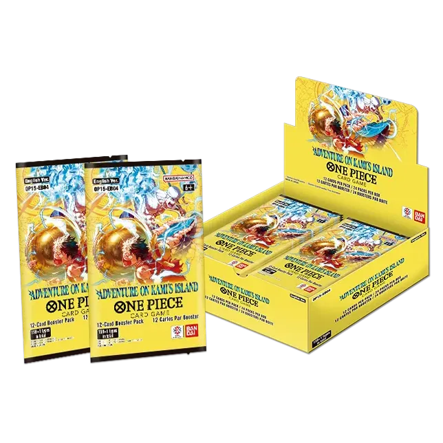 OP15-EB04 Booster Box featuring Adventure on Kami's Island One Piece card packs and display.