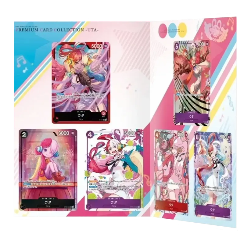 One Piece Premium Card collection UTA showing 6 promo cards in a colorful booklet layout.