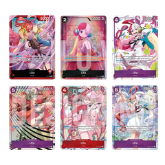 One Piece Premium Card collection UTA featuring 6 promo cards with various Uta characters and stats.
