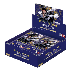 One Piece Royal Blood Booster Box displaying 24 packs featuring unique cards for the popular card game.