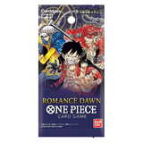 Romance Dawn Japanese Booster Box featuring One Piece characters on pack design, includes card game elements and branding.