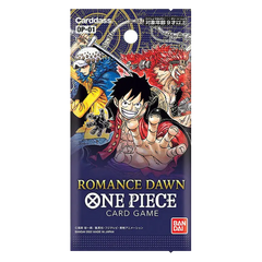 Romance Dawn Japanese Booster Box featuring One Piece characters on pack design, includes card game elements and branding.