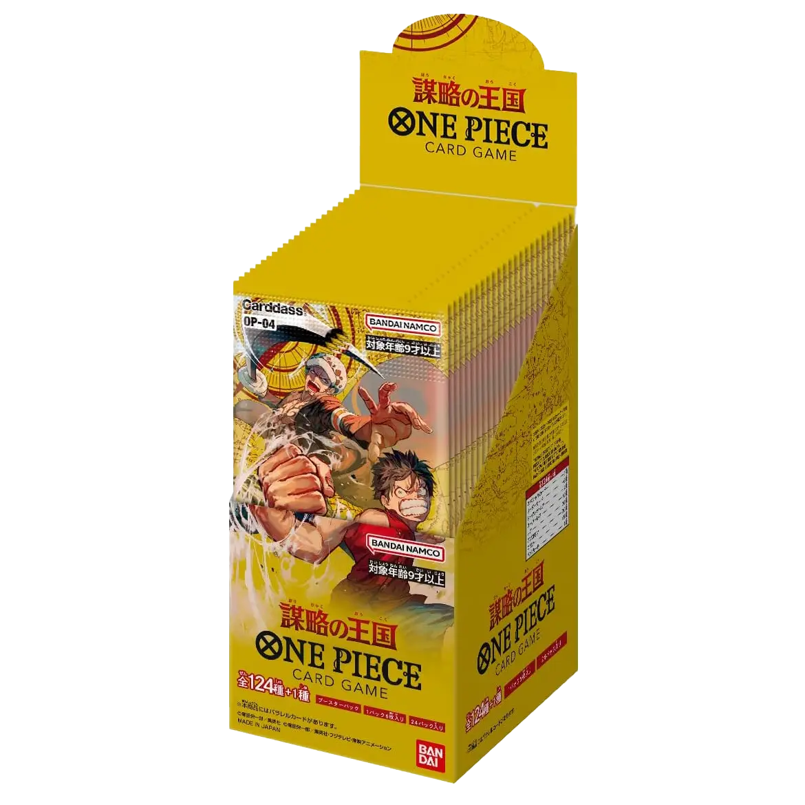 Kingdoms of Intrigue Japanese Booster Box featuring One Piece card game and 24 booster packs.