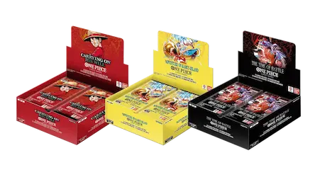 Three display boxes of One Piece trading cards in red, yellow, and black featuring iconic characters.