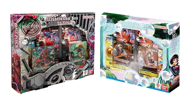 One Piece Illustration Box featuring characters Kid and Killer, with vibrant artwork and collectible cards.