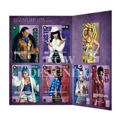 One Piece card game premium card collection featuring characters from the series on a colorful display.