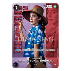 Stylish trading card featuring a woman in a blue shirt and hat, showcasing unique design elements.