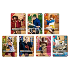 Collection of One Piece character trading cards featuring Luffy, Zoro, Nami, and others in vibrant designs.