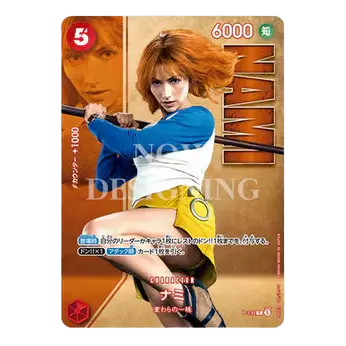Nami character card from a trading card game, showcasing a female figure in a blue and yellow outfit.