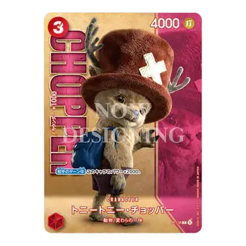 Chopper character card from One Piece with a red background, featuring his iconic hat and stats.
