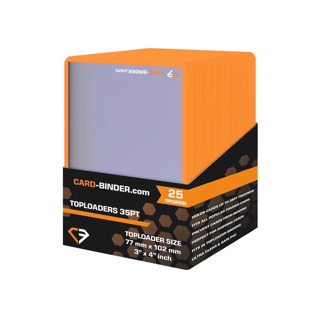 Premium Orange Border Toploaders for card protection and organization, 35PT, 25-pack by CARD-BINDER.com