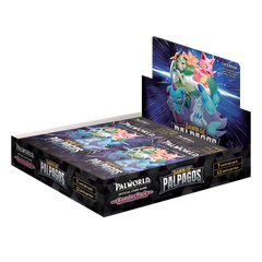 Palworld Dawn of Palpagos Booster box featuring booster packs in a display box.