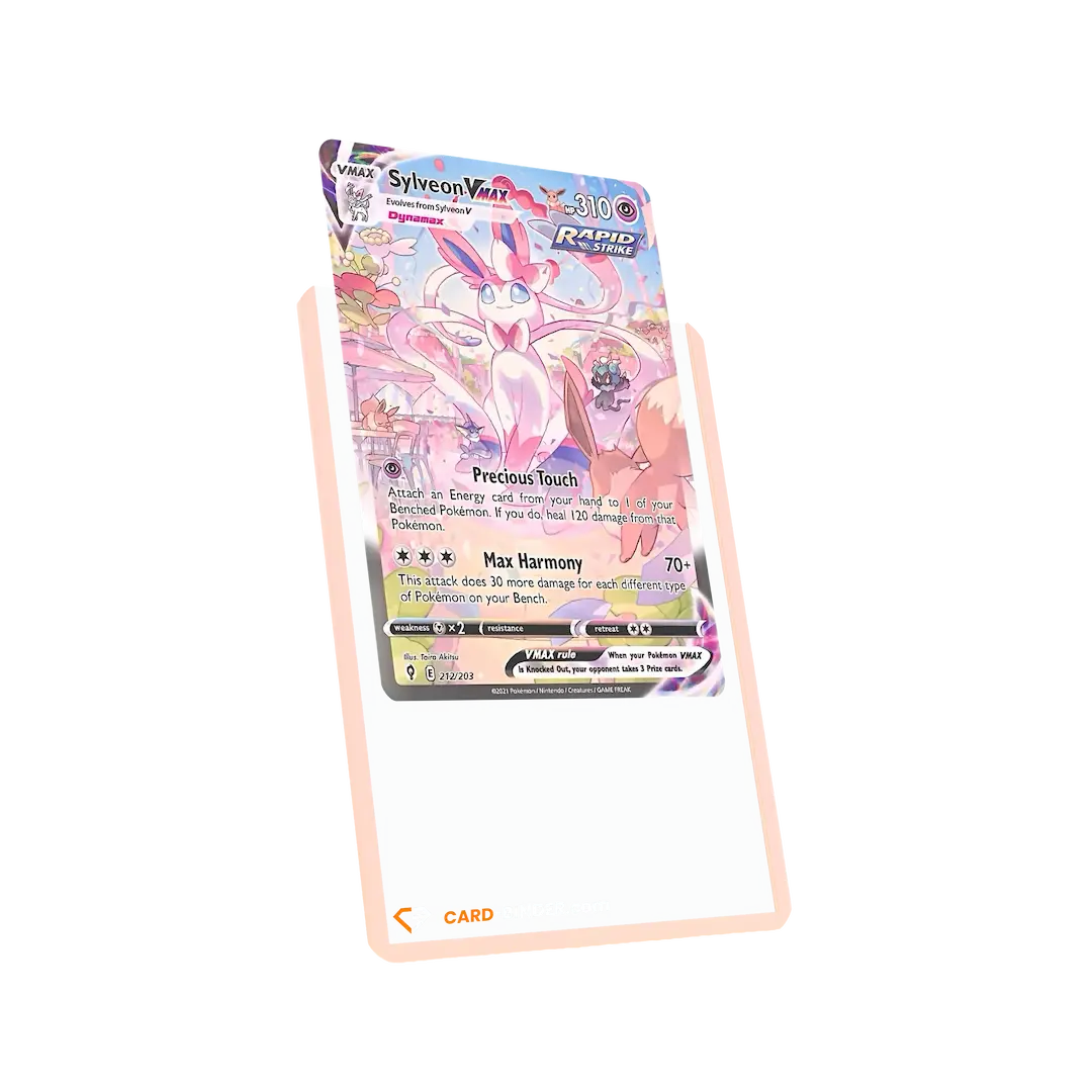 Pink Border Toploaders showcasing a Sylveon VMAX Pokémon card for premium card protection.