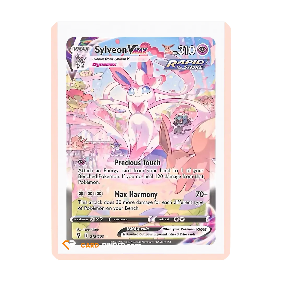 Sylveon VMAX card with pink border, showcasing Max Harmony move for card collectors.