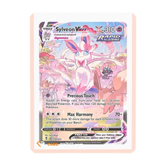 Sylveon VMAX card with pink border, showcasing Max Harmony move for card collectors.