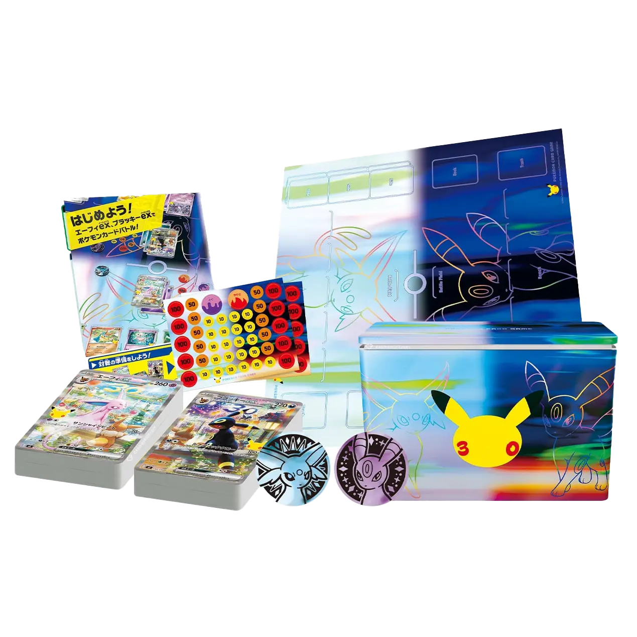 Colorful Pokémon trading card game bundle featuring cards, accessories, and illustrations of Pikachu and Eevee.