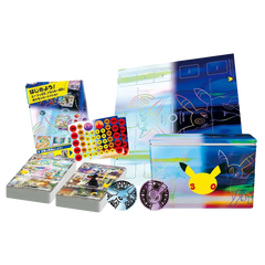 Colorful Pokémon trading card game bundle featuring cards, accessories, and illustrations of Pikachu and Eevee.