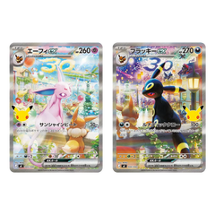 Eevee Pokémon cards featuring Sylveon and Umbreon with vibrant artwork and stats in Japanese.