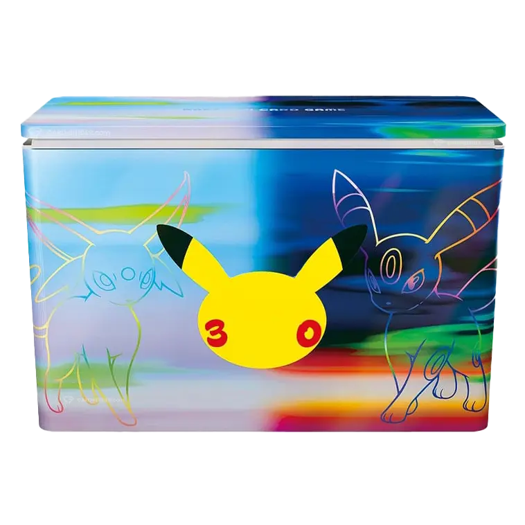 Colorful Pokémon-themed tin featuring Pikachu, Espeon, and Umbreon designs for collectors and fans.