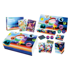 Colorful Pokémon card collection box featuring various cards and exclusive items, showcasing a vibrant design and playful graphics.