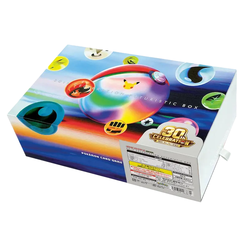 Pokémon 30th Anniversary Futuristic Box featuring iconic characters and colorful design, perfect for collectors.