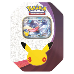 30-jarig jubileum Greninja Tin-ontwerp met Pikachu en Greninja EX-kaartdisplay.