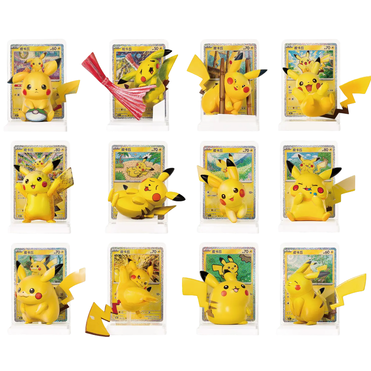 30th Celebration Pikachu Figure Blind Box featuring various Pikachu figures and Pokémon cards.